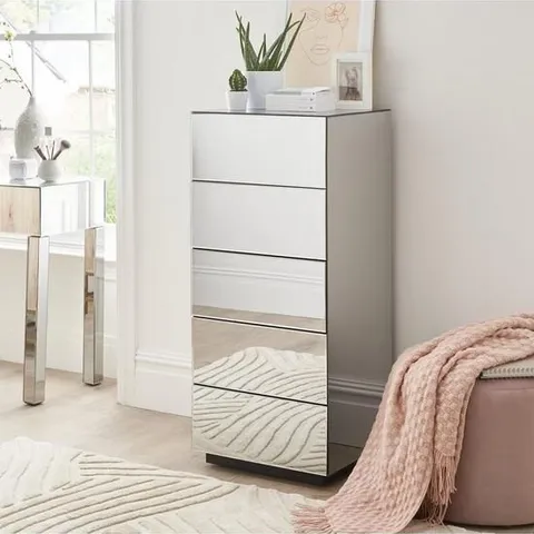 BOXED GRADE 1 VALOUR 5 DRAWER MIRRORED TALLBOY IN GREY