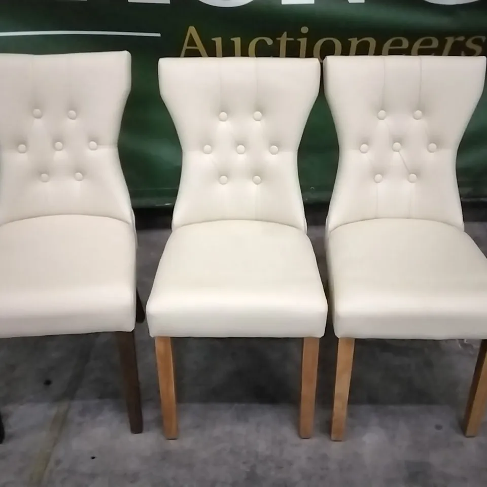SET OF 3 CREAM LEATHER BUTTONBACK DINING CHAIRS WITH WOODEN LEGS