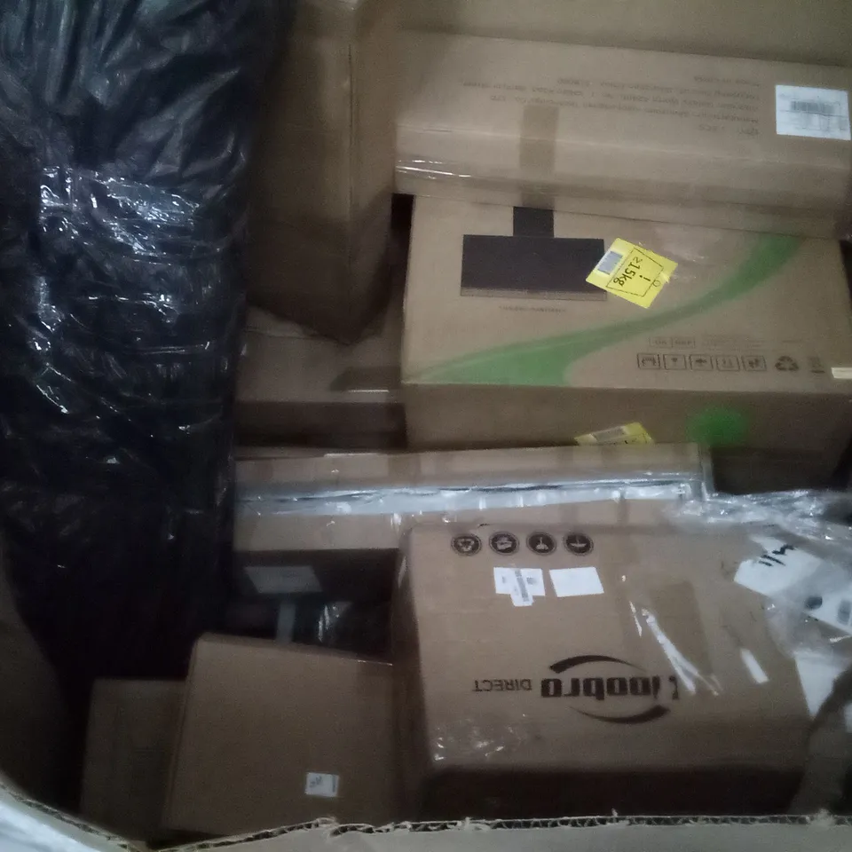 PALLET OF ASSORTED ITEMS INCLUDING DUAL ELECTRIC FRYER, OFFICE CHAIR, 36" SMART TOWER FAN, COOKER HOOD 