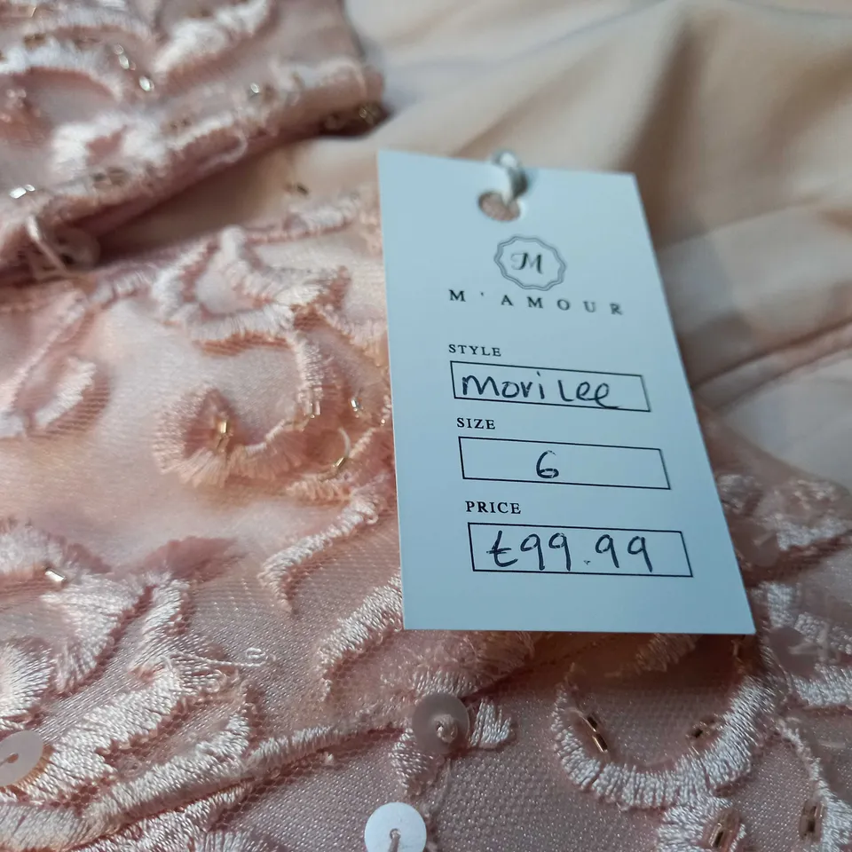 DESIGNER BLUSH EMBELLISHED BODICE/NET DETAILED OCCASION/BRIDESMAID DRESS - SIZE 6