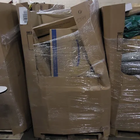 PALLET TO CONTAIN ASSORTED HOUSEHOLD ITEMS AND CONSUMER PRODUCTS. INCLUDING CEILING FAN WITH LIGHT, FOLDING WAGON, TELESCOPIC GARDEN TOOL, BOXED FURNITURE ETC