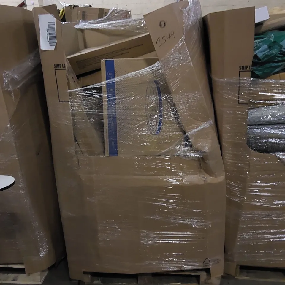 PALLET TO CONTAIN ASSORTED HOUSEHOLD ITEMS AND CONSUMER PRODUCTS. INCLUDING CEILING FAN WITH LIGHT, FOLDING WAGON, TELESCOPIC GARDEN TOOL, BOXED FURNITURE ETC