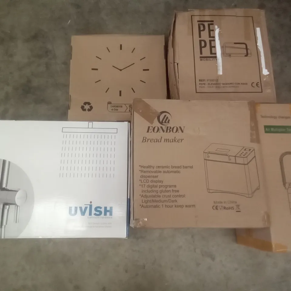 PALLET OF ASSORTED ITEMS INCLUDING AIR MULTIPLIER TOWER FAN, EONBON BREAD MAKER, PEPE TOILET RISER WITH HANDLES, UVISH RAIN SHOWER WITH SHOWER HEAD & HANDHELD SHOWER, WALL CLOCK