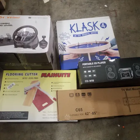 PALLET CONTAINING ASSORTED PRODUCTS INCLUDING TV WALL MONUT, FLOORING CUTTER, PORTABLE CD PLAYER, MAGNETIC BATTLE GAME & GAMING RACING WHEEL