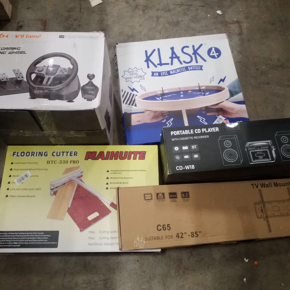 PALLET CONTAINING ASSORTED PRODUCTS INCLUDING TV WALL MONUT, FLOORING CUTTER, PORTABLE CD PLAYER, MAGNETIC BATTLE GAME & GAMING RACING WHEEL