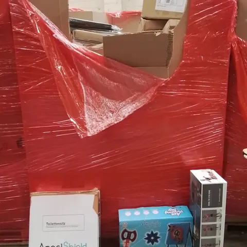 PALLET OF ASSORTED HOUSEHOLD GOODS AND PRODUCTS TO INCLUDE;TOILET SEAT,AXE THROWING TOY,RESISTANCE BANDS