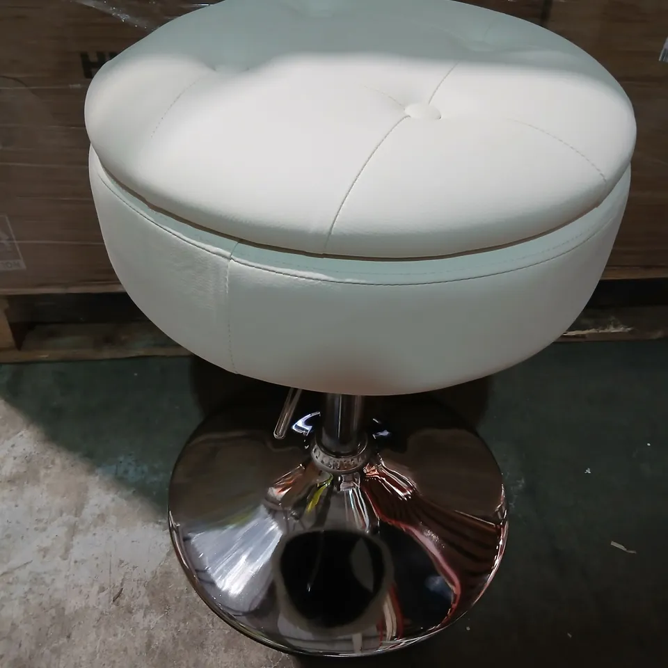 ROUND WHITE FAUX LEATHER OTTOMAN WITH CHROME PEDESTAL