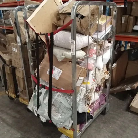 CAGE OF ASSORTED HOUSEHOLD GOODS AND PRODUCTS TO INCLUDE; CURTAINS, CUSHIONS, WALL DECOR, BOOKS ETC