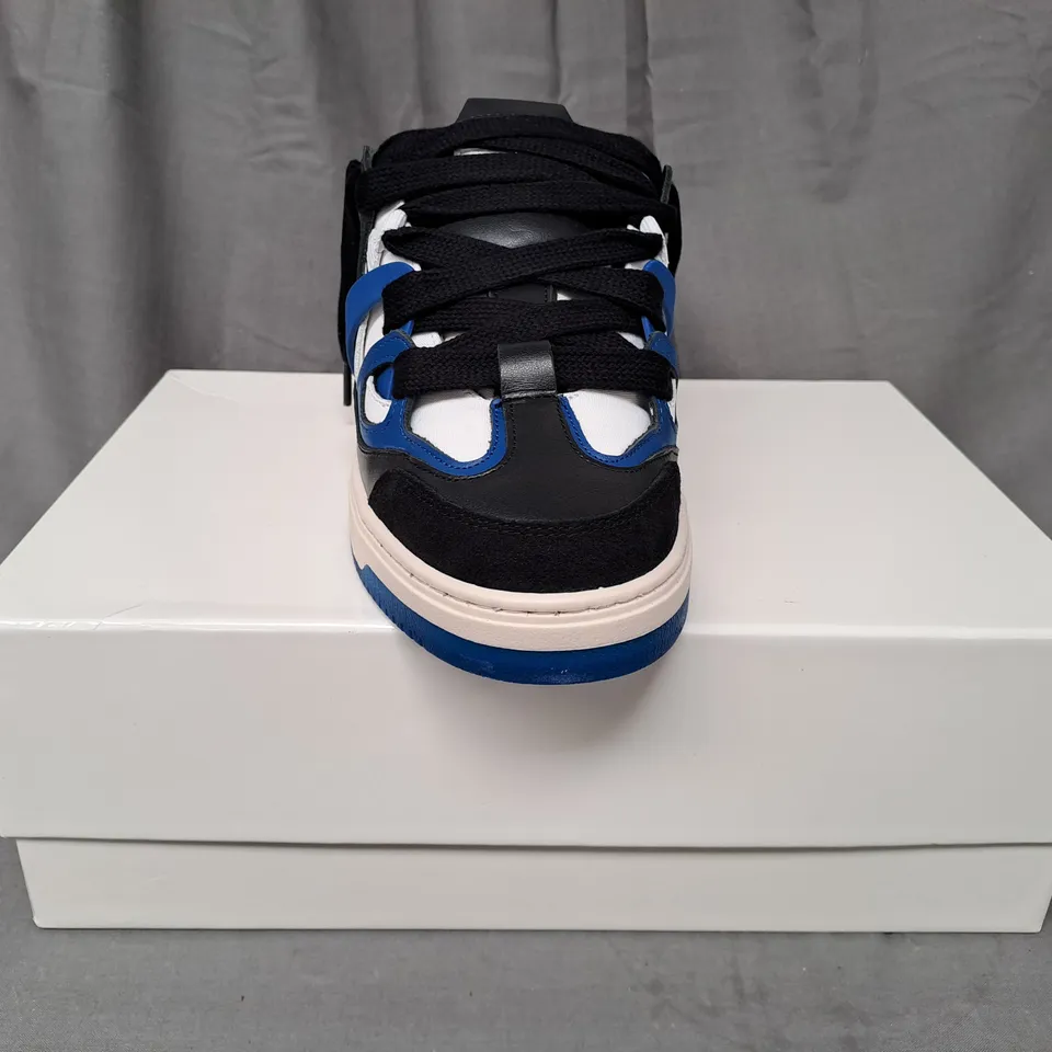 BOXED PAIR OF REPRESENT SHOES IN WHITE/BLACK/COBALT UK SIZE 7.5