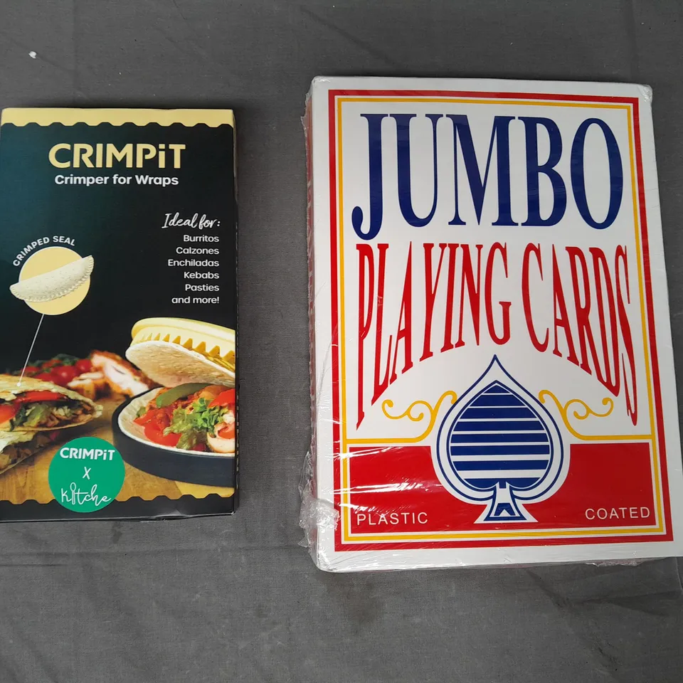 BOX OF APPROXIMATELY 10 ASSORTED HOUSEHOLD ITEMS TO INCLUDE CRIMPIT CRIMER FOR WRAPS, JUMBO PLAYING CARDS, ETC