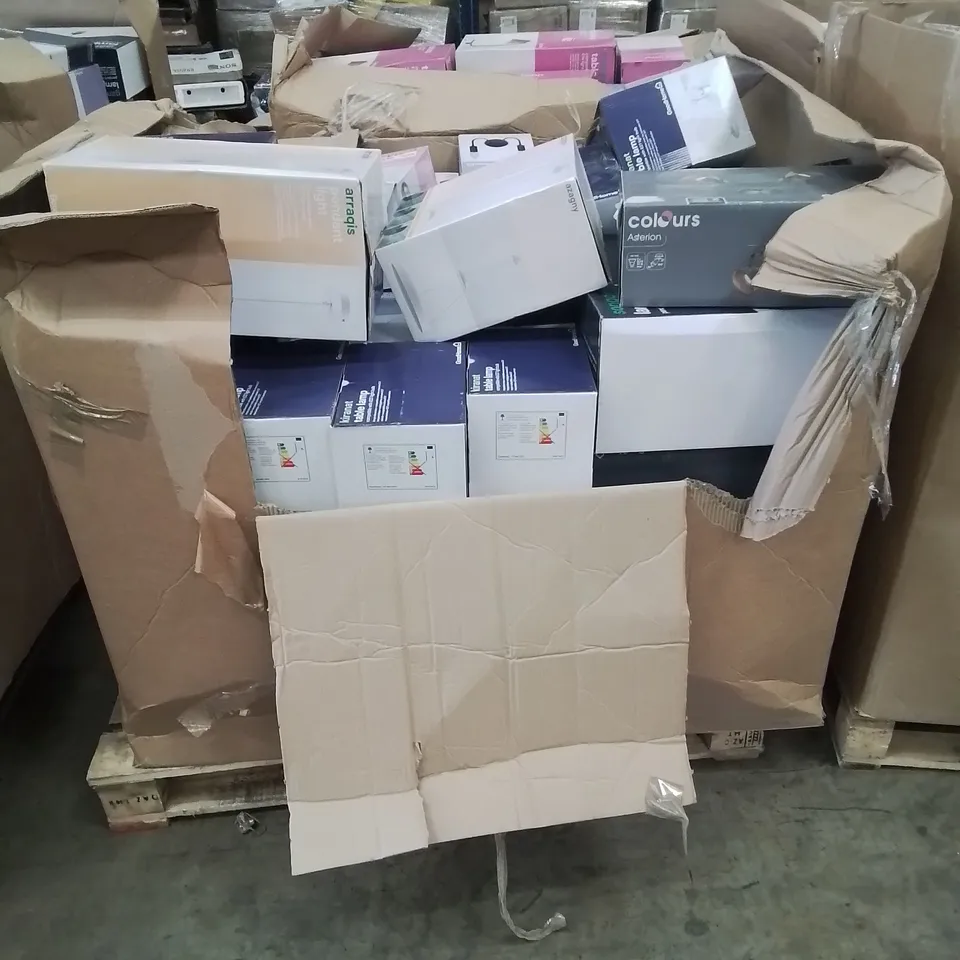 PALLET CONTAINING VARIOUS HOME ELECTRONICS LIGHTS AND FITTING ETC.