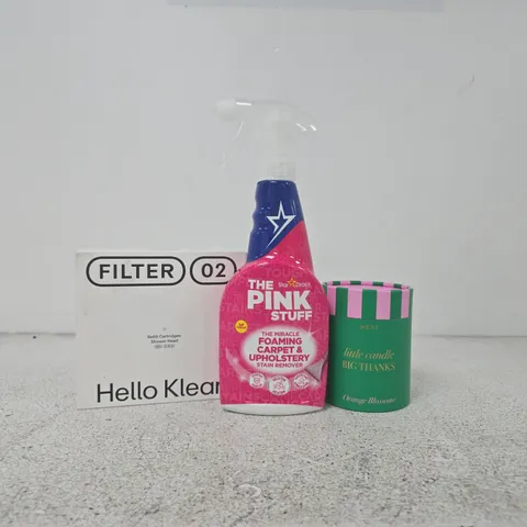 APPROXIMATELY 6 ASSORTED HOUSEHOLD ITEMS TO INCLUDE THE PINK STUFF, SCENTED CANDLE, ETC
