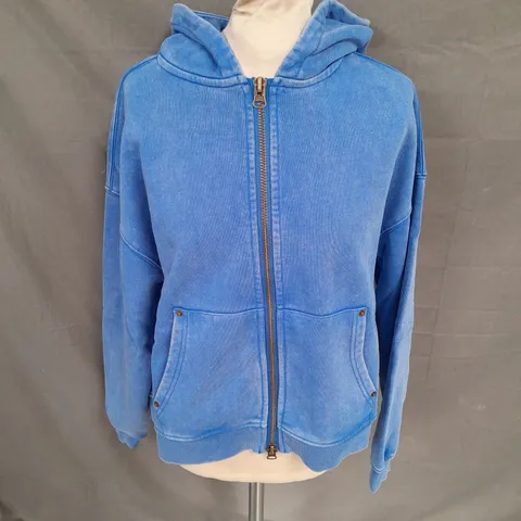 EXPERIMENT FIVE DISTRESSED LOGO ZIP UP HOODIE IN BLUE SIZE XS
