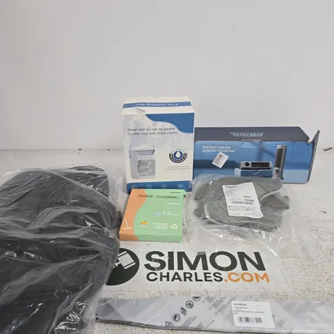 BOX OF APPROXIMATELY 15 ASSORTED ITEMS INCLUDING A DESKTOP FAN TOWER, AN ASPEN VISTA COLLAR REPLACEMENT PADS AND HYUNDAI GENUINE REPLACEMENT 18' LAWNMOWER BLADE