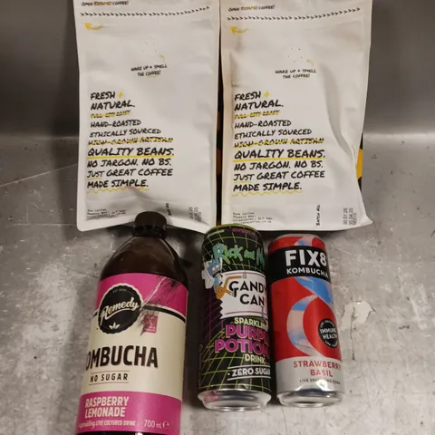 APPROXIMATELY 10 ASSORTED DRINK PRODUCTS TO INCLUDE RAVE COFFEE, KOMBUCHA, CREAM SODA SYRUP ETC 