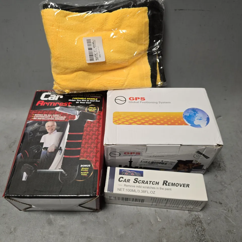APPROXIMATELY 7 ASSORTED ITEMS TO INCLUDE - CAR ARMREST , CAR SCRATCH REMOVER ETC
