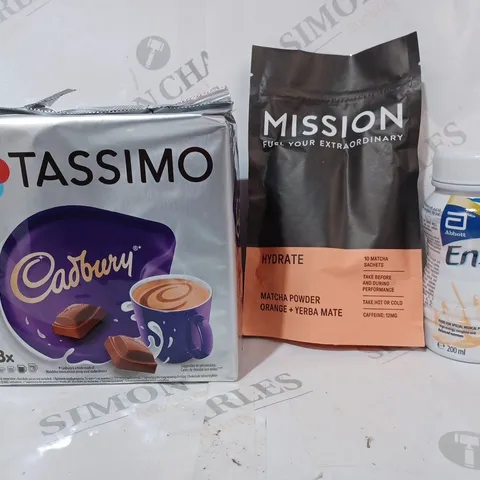 APPROXIMATELY 10 ASSORTED FOOD & DRINK ITEMS TO INCLUDE ABBOTT ENSURE NUTRITION DRINK, TASSIMO CADBURY, MISSION MATCHA SACHETS, ETC