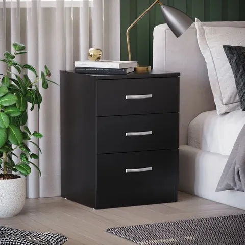 BOXED MAYBERY 3-DRAWER BEDSIDE TABLE CHEST OF DRAWERS - BLACK (1 BOX)