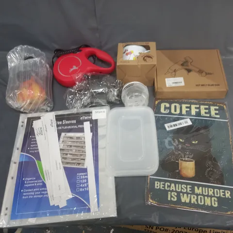 BOX OF APPROXIMATELY 8 ASSORTED ITEMS TO INCLUDE - HOT MELT GLUE GUN, FOOD CONTAINERS, AND PET LEAD ETC. 