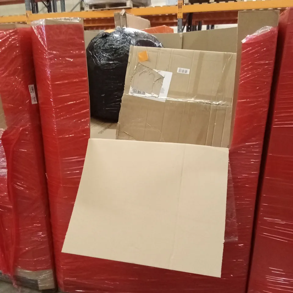 PALLET OF ASSORTED HOUSEHOLD GOODS AND PRODUCTS TO INCLUDE; HANGING TABLES, CHEST OF DRAWERS, BOXED FURNITURE ETC