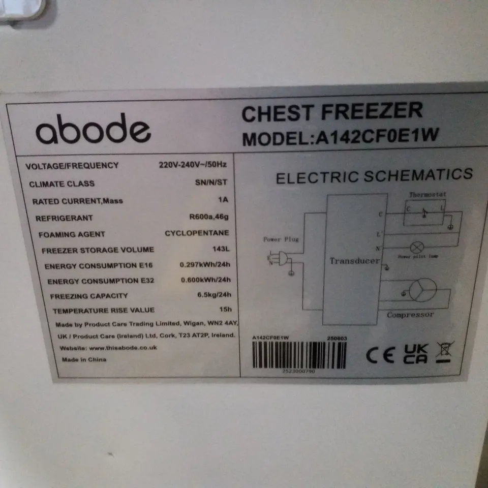 ABODE A142CF0E1W CHEST FREEZER 142L - WHITE