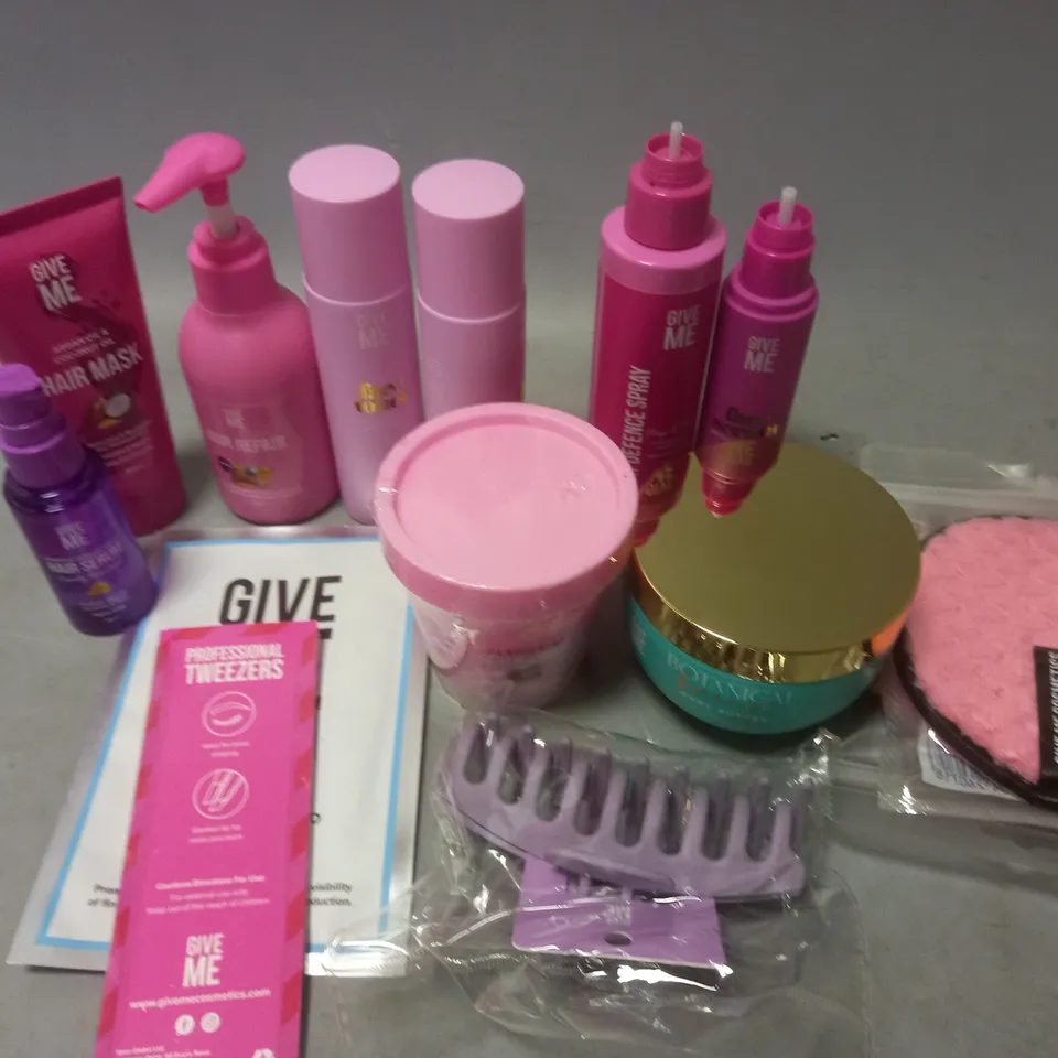 APPROXIMATELY 14 ASSORTED BEAUTY PRODUCTS TO INCLUDE GIVE ME HAIR MASK, GIVE ME BODY BUTTER, GIVE SCALP SCRUB, GIVE ME FACE TONER, GIVE ME HAIR REPAIR