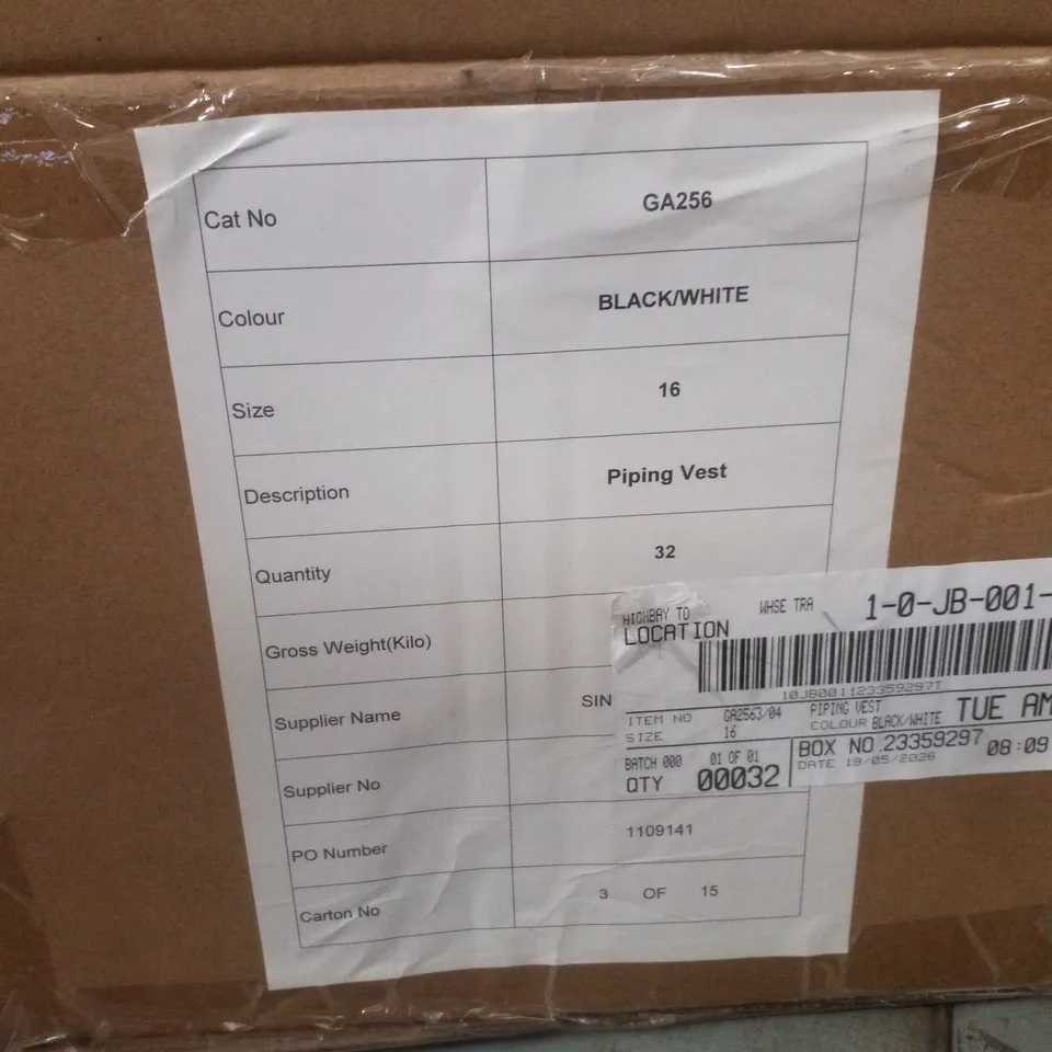 BOX CONTAINING APPROXIMATELY 32 BRAND NEW SIMPLY BE BLACK/WHITE PIPING VEST - SIZE 16
