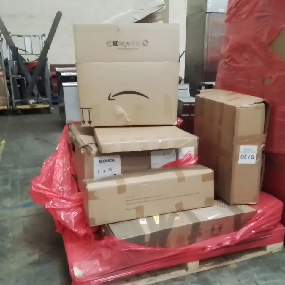 PALLET CONTAINING VARIOUS ASSORTED BOXED HOUSEHOLD ITEMS TO INCLUDE:SUN LOUNGER CUSHIONS OFFICE CHAIR AND LOTS MORE UNMARKED BOXED ITEMS 