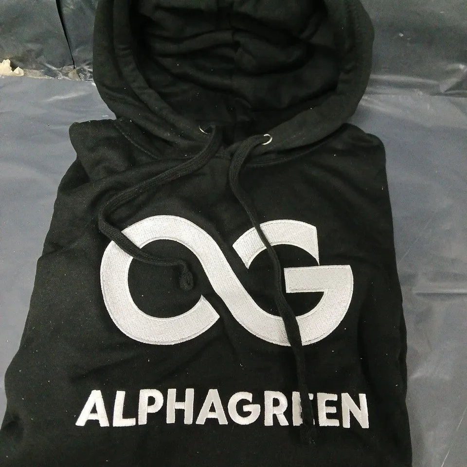 3X BLACK ALPHAGREEN PULLOVER HOODIE WITH WHITE LOGO – SIZE L 