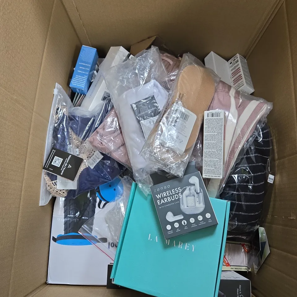 BOX OF APPROXIMATELY 15 ASSORTED ITEMS INCLUDING ZENSO WIRELESS EARBUDS WITH CHARGING CASE, GOLD SERUMS HYALURONIC ACID COLLECTION EYE SERUM AND GLOW LIFE HYALURONIC ACID EYE CREAM