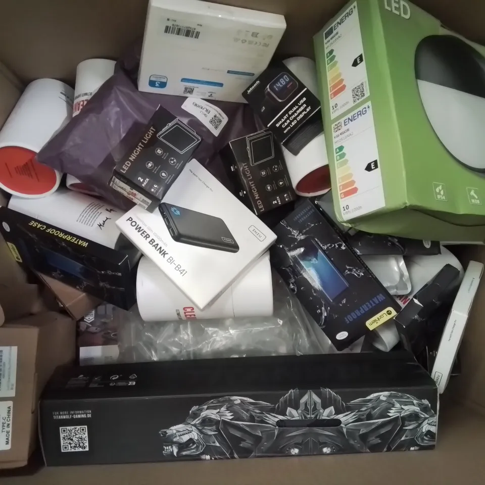 BOX CONTAINING LARGE AMOUNT OF MIXED BOXED ELECTRONIC ITEMS PHONE ACCESSORIES ETC.