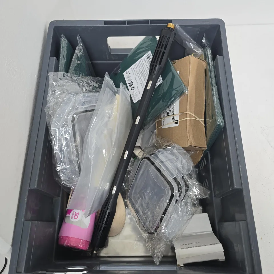 TOTE OF ASSORTED HOUSEHOLD ITEMS. 