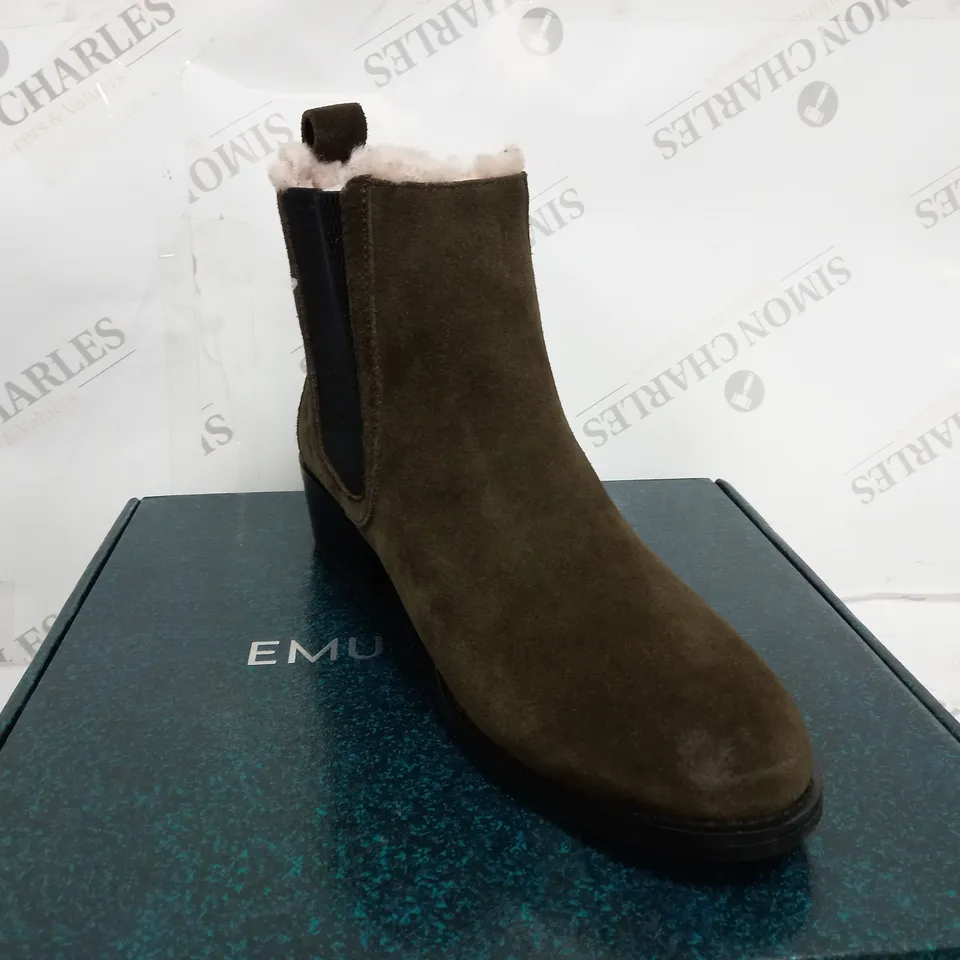 BOXED PAIR OF EMU AUSTRALIA ELLIN SUEDE DARK OLIVE ANKLE BOOTS - SIZE 7