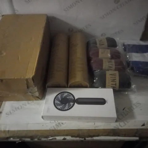 GROUP OF APPROX 10 ASSORTED ITEMS TO INCLUDE BOTTLES, FAN, WOOL ETC