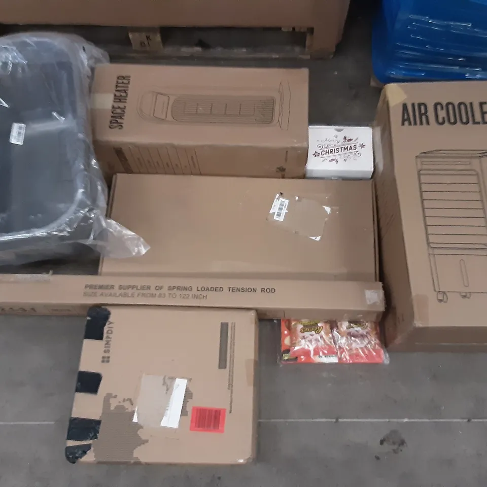 PALLET OF ASSORTED PRODUCTS INCLUDING AIR COOLER, SPRING LOADED TENSION ROD, SPACE HEATER, SIMPDIY, LAUNDRY BASKET, ACCSTORE FABRIC WARDROBE
