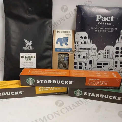 BOX OF APPROX 14 ITEMS TO INCLUDE PACT COFFEE, TEAPIGS EARL GREY TEA BAGS, SQUARE MILE COFFEE BEANS