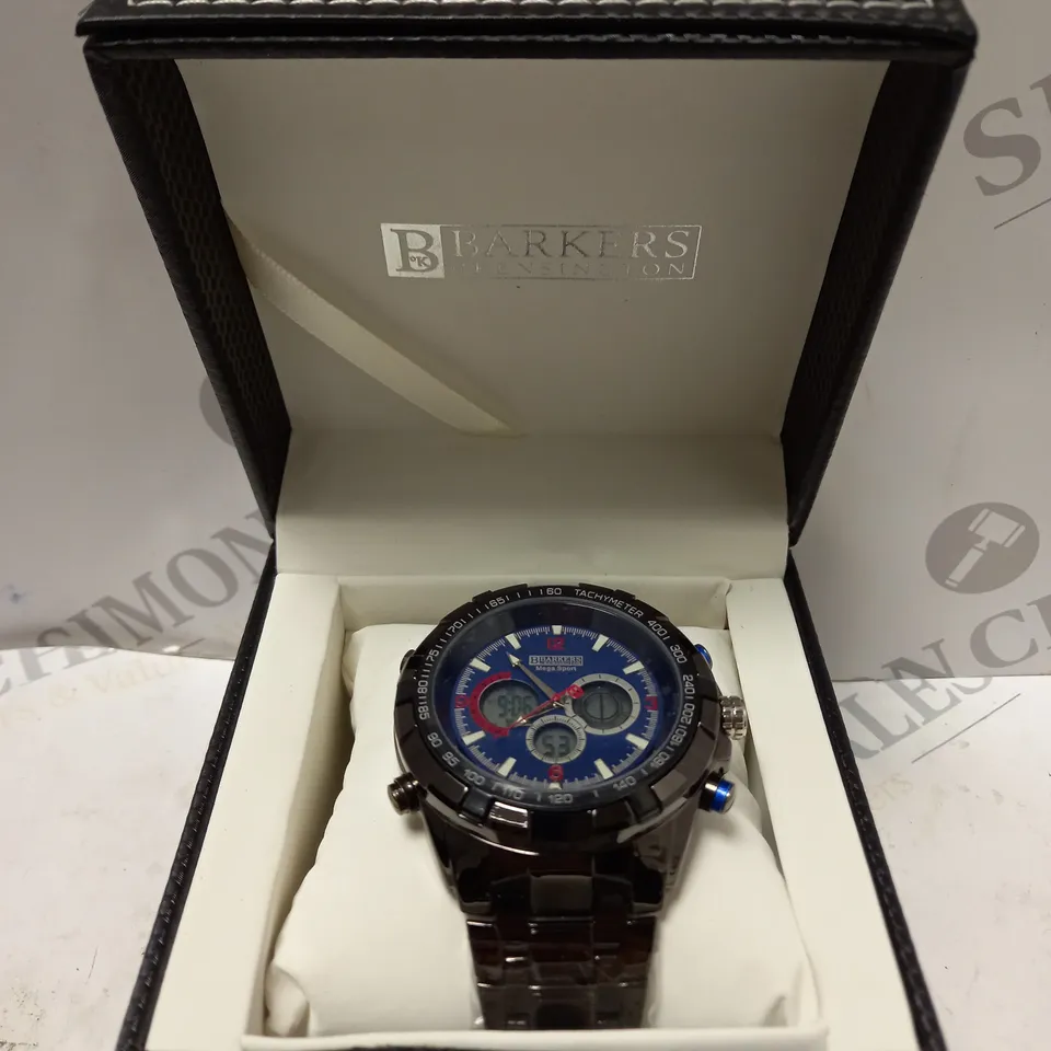 BOXED BARKERS OF KENSINGTON MEGA SPORT BLUE DIAL WATCH 