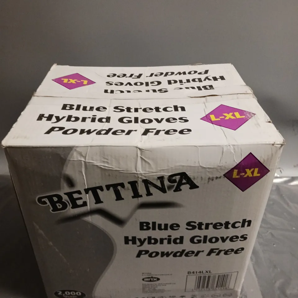 BOXED BETTINA BLUE STRETCH HYBRID POWDER FREE GLOVES - SIZE L/XL (QTY 2000)