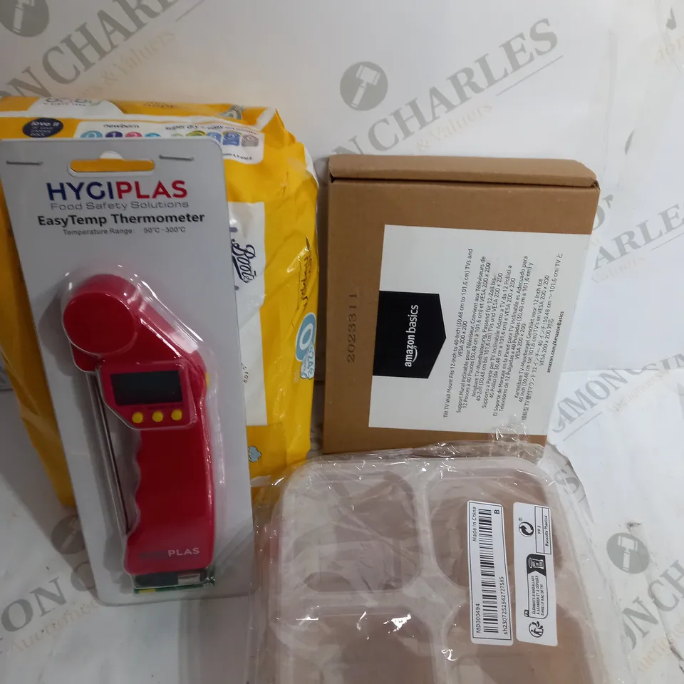 BOX OF APPROX. 15 ASSORTED HOUSE HOLD ITEM TO INCLUDE - BABY NAPPIES - HYGIPLAS - TV WALL BRACKETS - / COLLECTION ONLY 