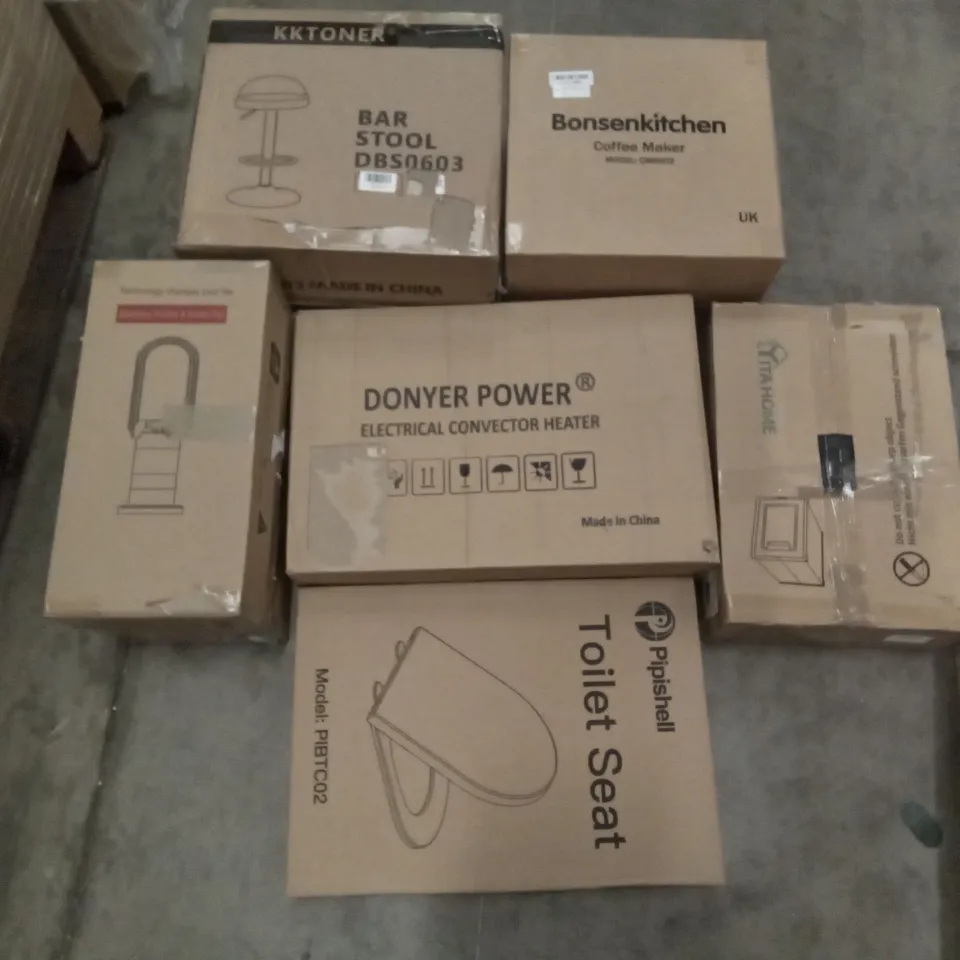 PALLET OF ASSORTED ITEMS INCLUDING PIPISHELL TOILET SEAT, KKTONER BAR STOOL, BONSENKITCHEN COFFEE MAKER, DONYER POWER ELECTRICAL CONVECTOR HEATER, BLAMELESS PURIFIER & HEATER FAN