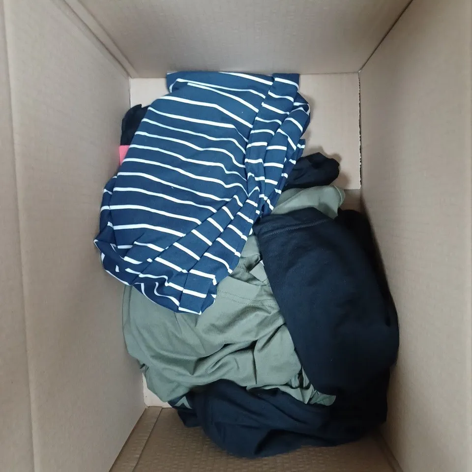 BOX OF APPROXIMATELY 10 ASSORTED CLOTHING PRODUCTS IN VARIOUS SIZES TO INCLUDE SHIRTS, T-SHIRTS, TRAINING SHORTS ETC
