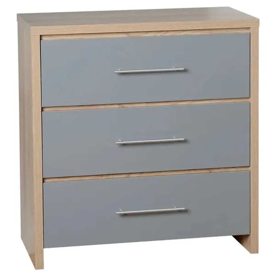BOXED SEVILLE 3 DRAWER CHEST - L39 X W80 X H86cm - GREY HIGH GLOSS/LIGHT OAK EFFECT VENEER (1 BOX)