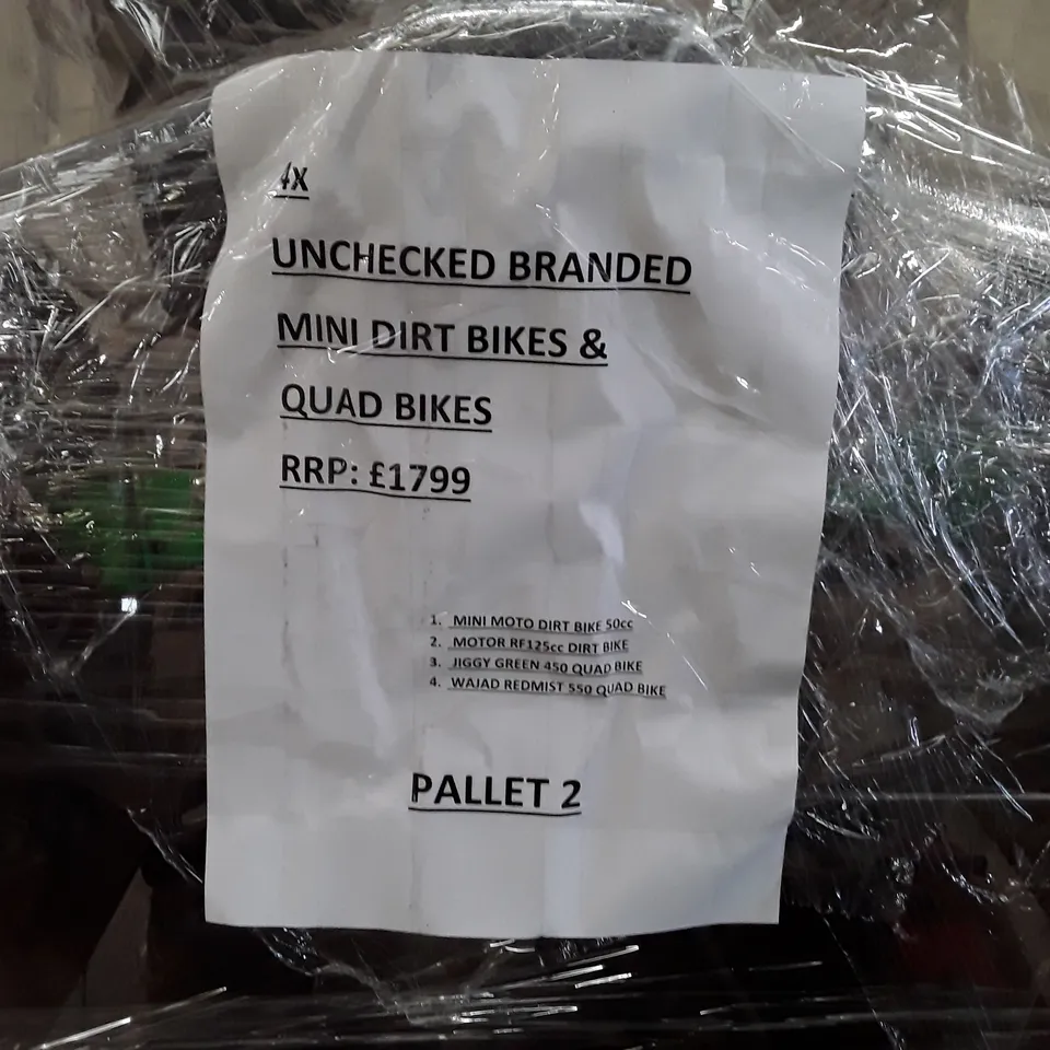 PALLET CONTAINING 4 UNCHECKED BRANDED MINI DIRT BIKES & QUAD BIKES