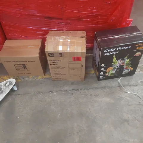 PALLET OF ASSORTED PRODUCTS AND ITEMS TO INCLUDE:INCUBATOR,COLD PRESS JUICER,ESPRESSO COFFEE MAKER
