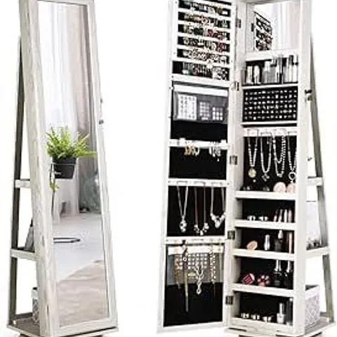 BOXED COSTWAY 3-IN-1 JEWELRY CABINET, LOCKABLE JEWELRY ARMOIRE STORAGE UNIT WITH FULL LENGTH MIRROR AND DISPLAY SHELF, HOME BEDROOM DRESSING ROOM COSMETICS JEWELLERY ORGANISER (360Β° SWIVEL WHITE)