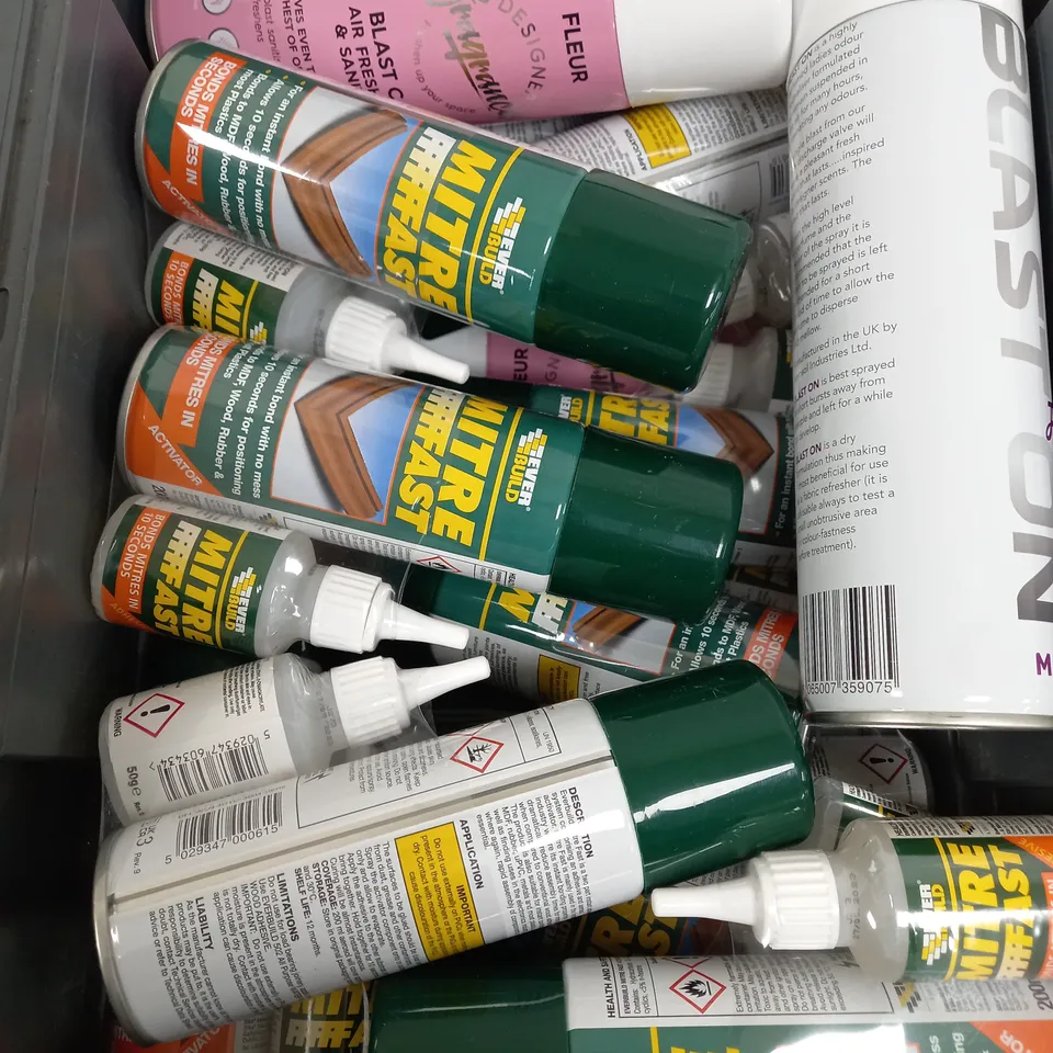 BOX OF APPROX 15 ASSORTED LIQUIDS TO INCLUDE - MITRE FAST, AIR FRESHNER, BLAST CAN ETC