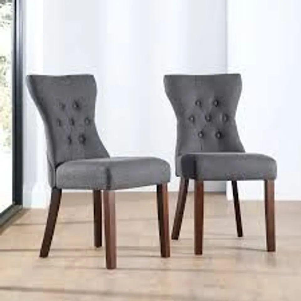 BOXED BEWLEY GREY VELVET BUTTON BACK DINING CHAIR (DARK OAK LEG)