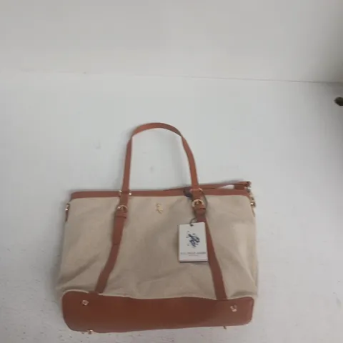 U.S. POLO ASSN. TOTE BAG – CANVAS & LEATHER TRIM, BEIGE/BROWN 