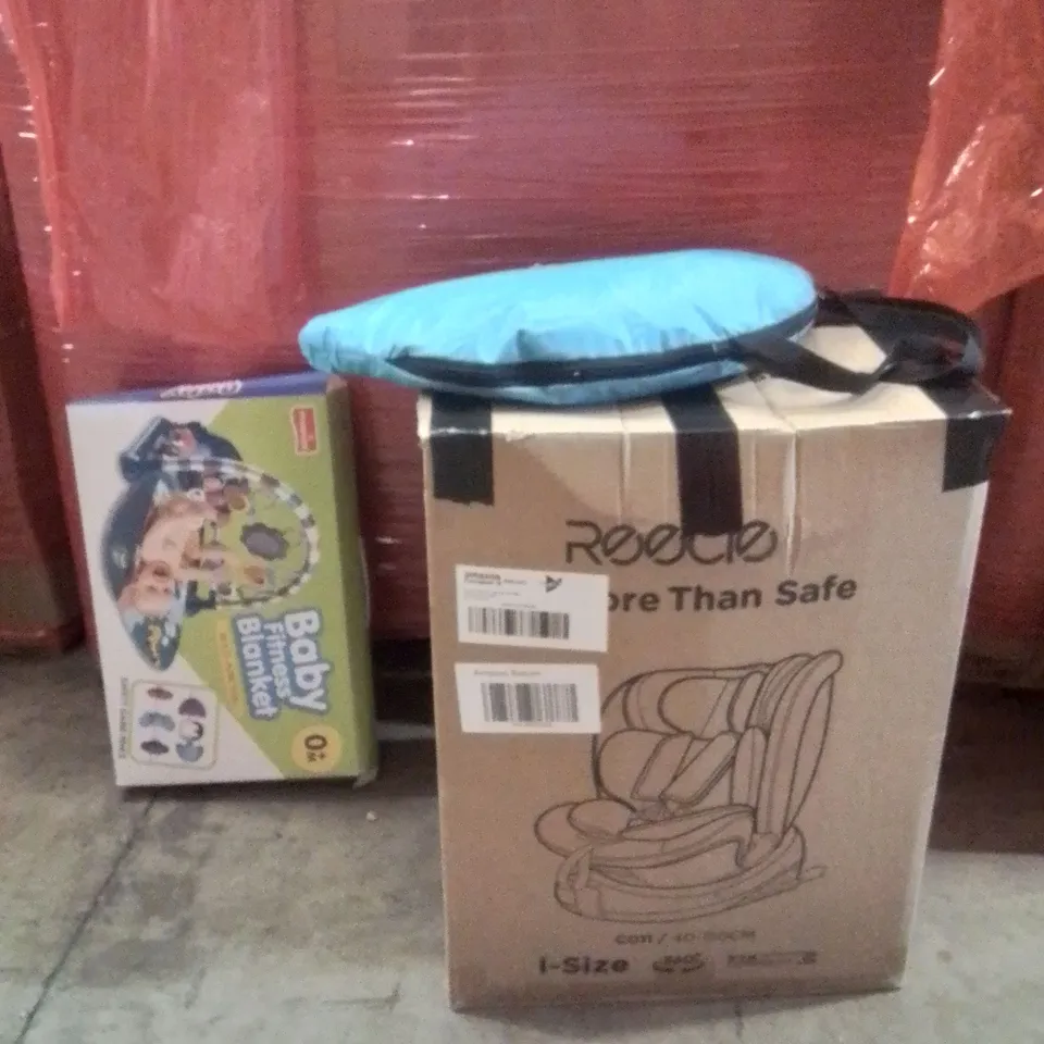 PALLET OF ASSORTED HOUSEHOLD GOODS AND PRODUCTS TO INCLUDE;POP UP TENT,BABY FITNESS BLANKET,CAR SEAT