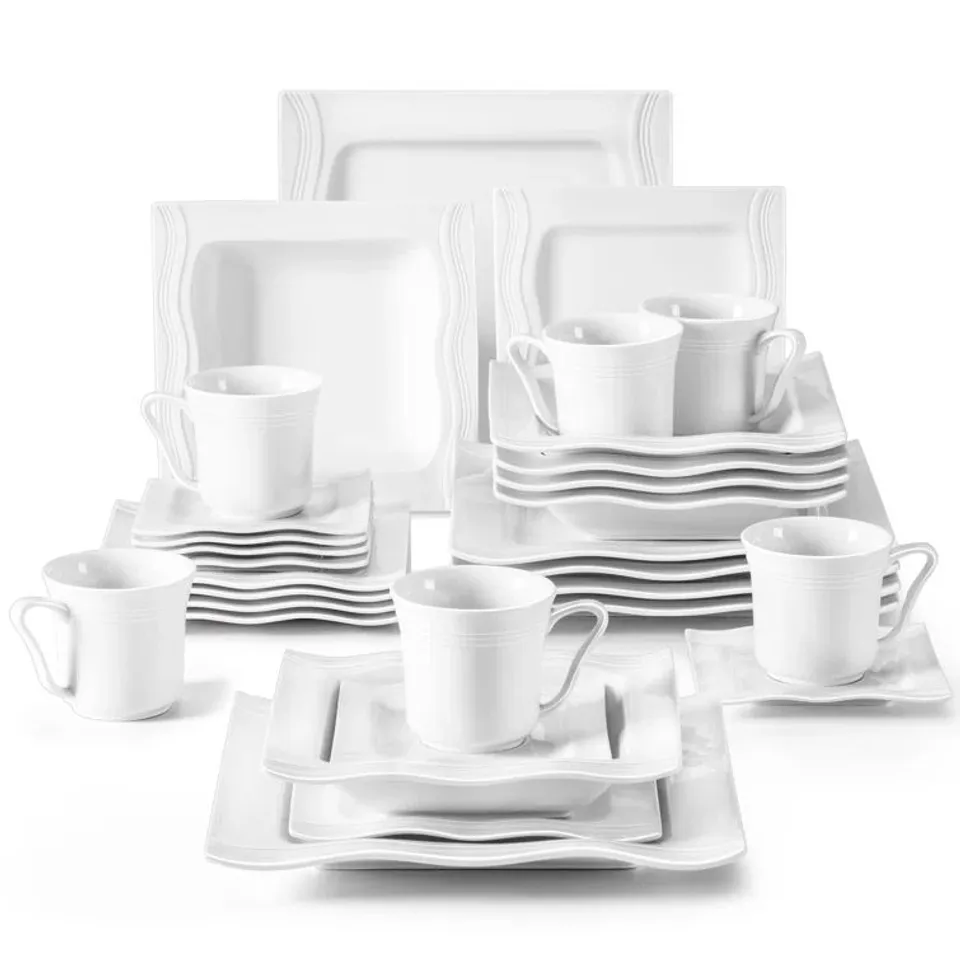 BOXED AYMEN 30-PIECE WHITE PORCELAIN CHINA SET 